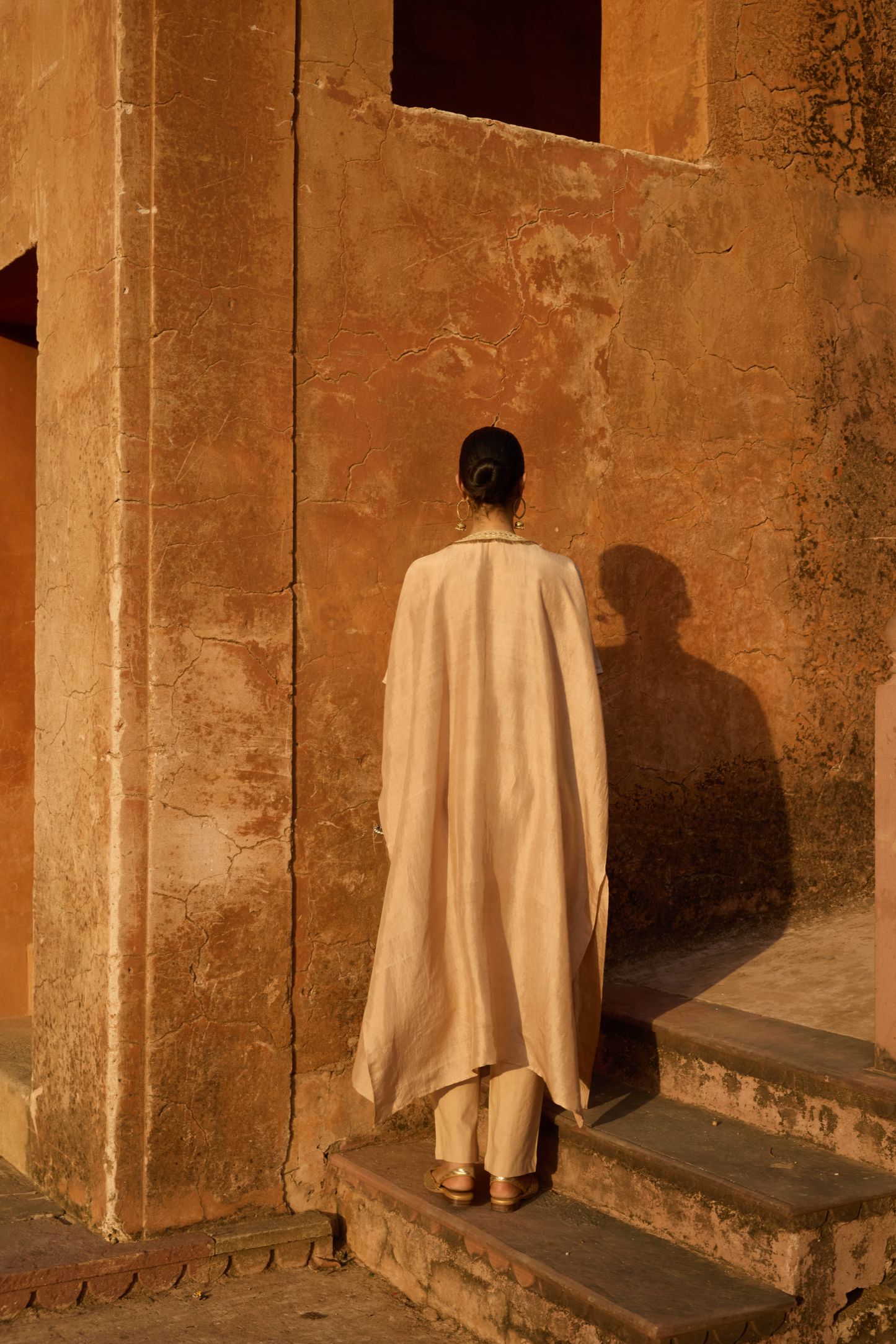 Gota Yoke Beige Kaftan Set