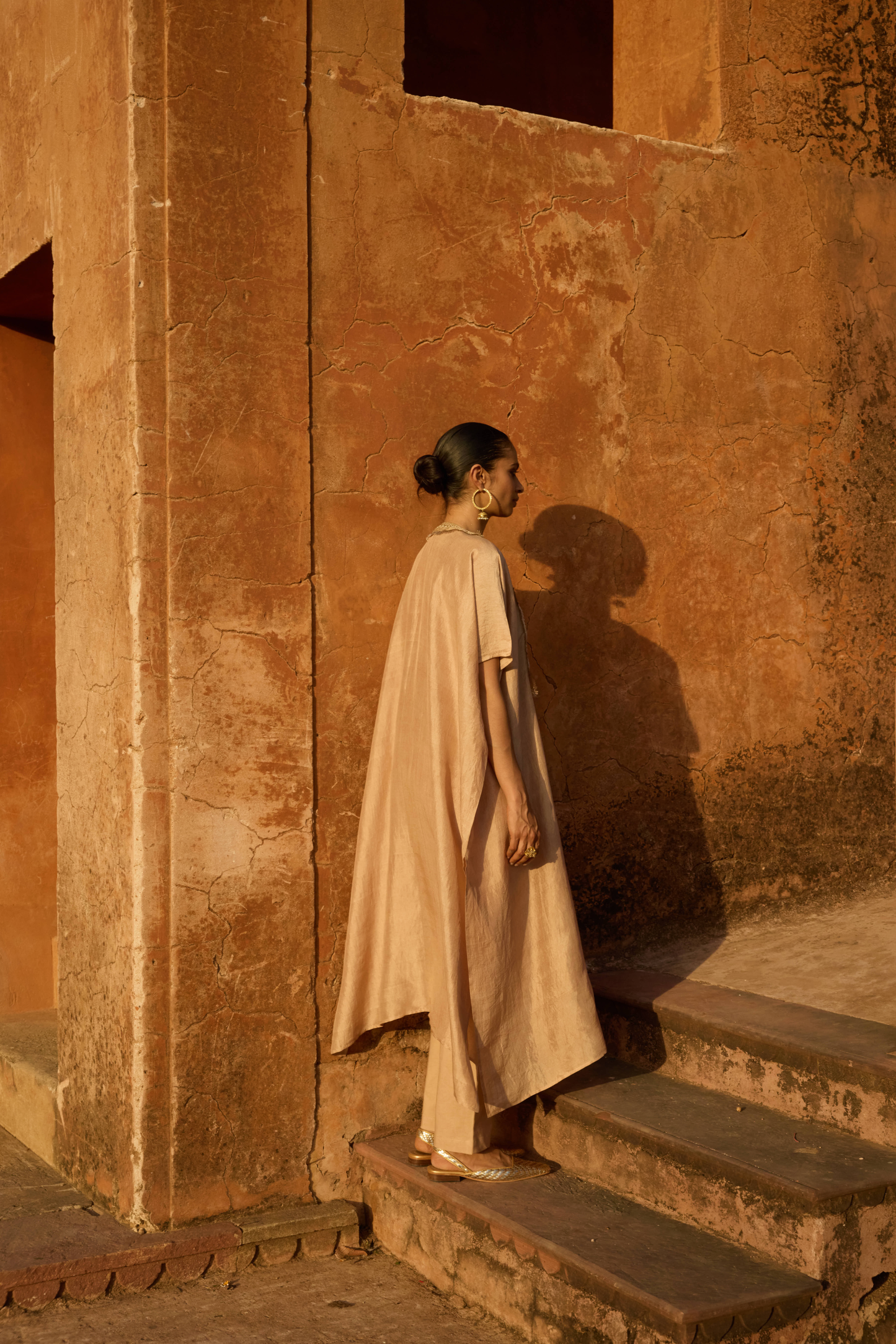 Gota Yoke Beige Kaftan Set