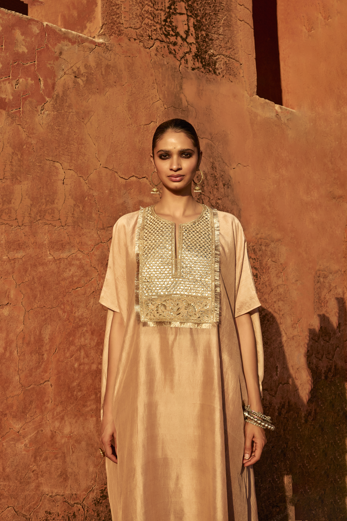 Gota Yoke Beige Kaftan Set