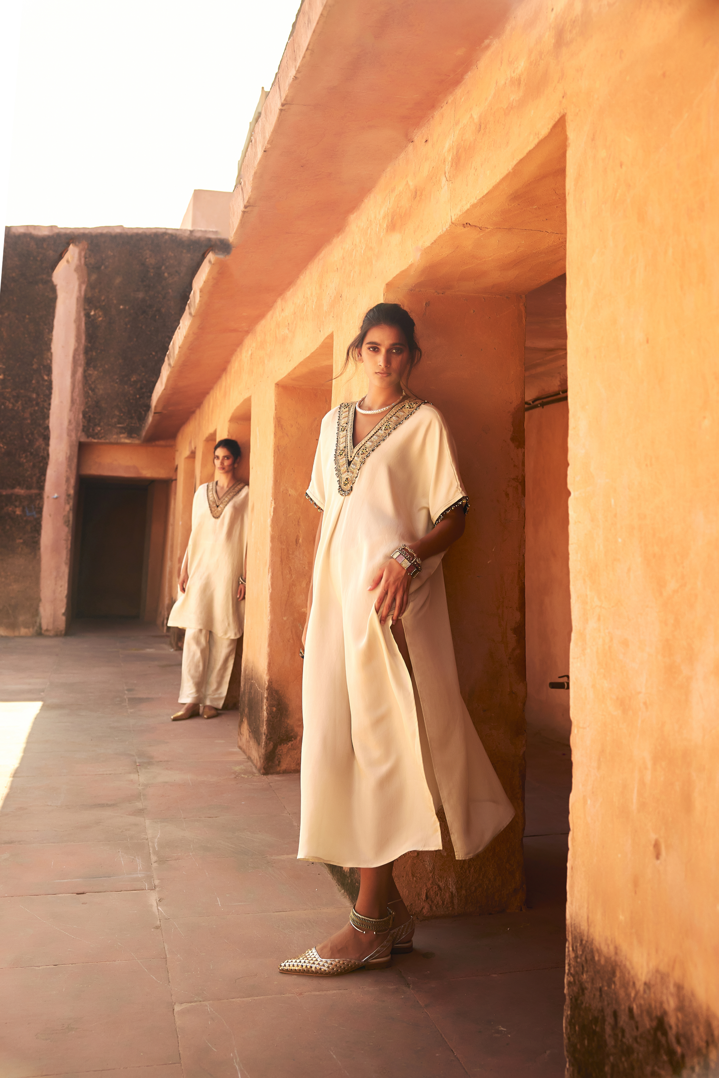 Ivory V Neck Long Kaftan Set