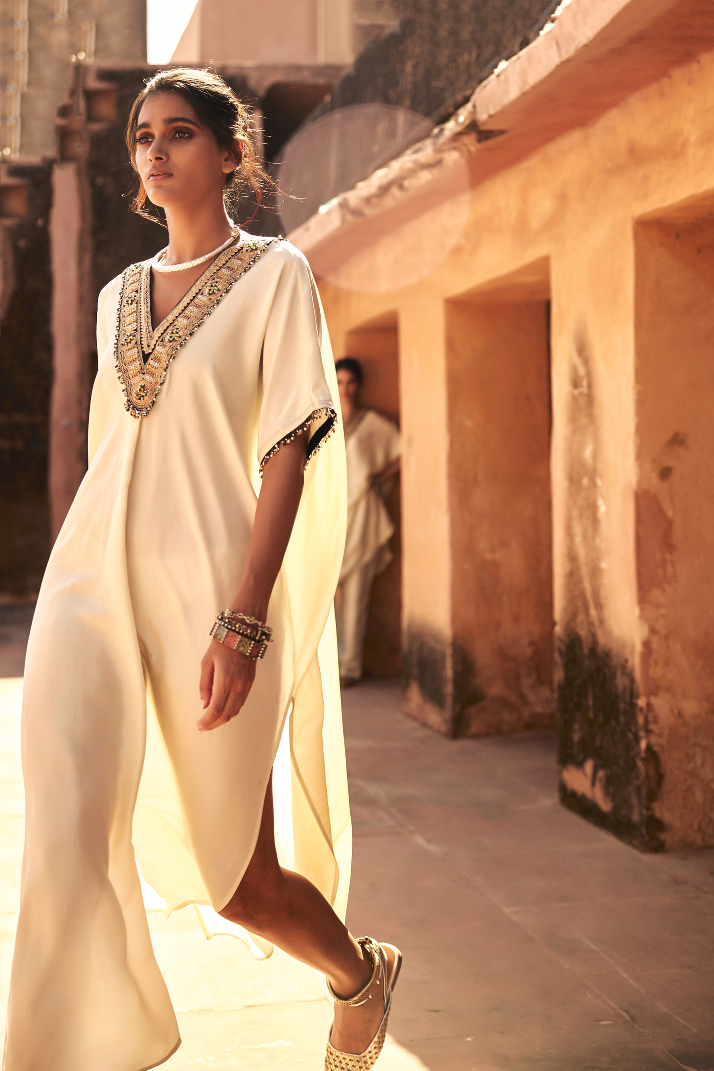 Ivory V Neck Long Kaftan Set