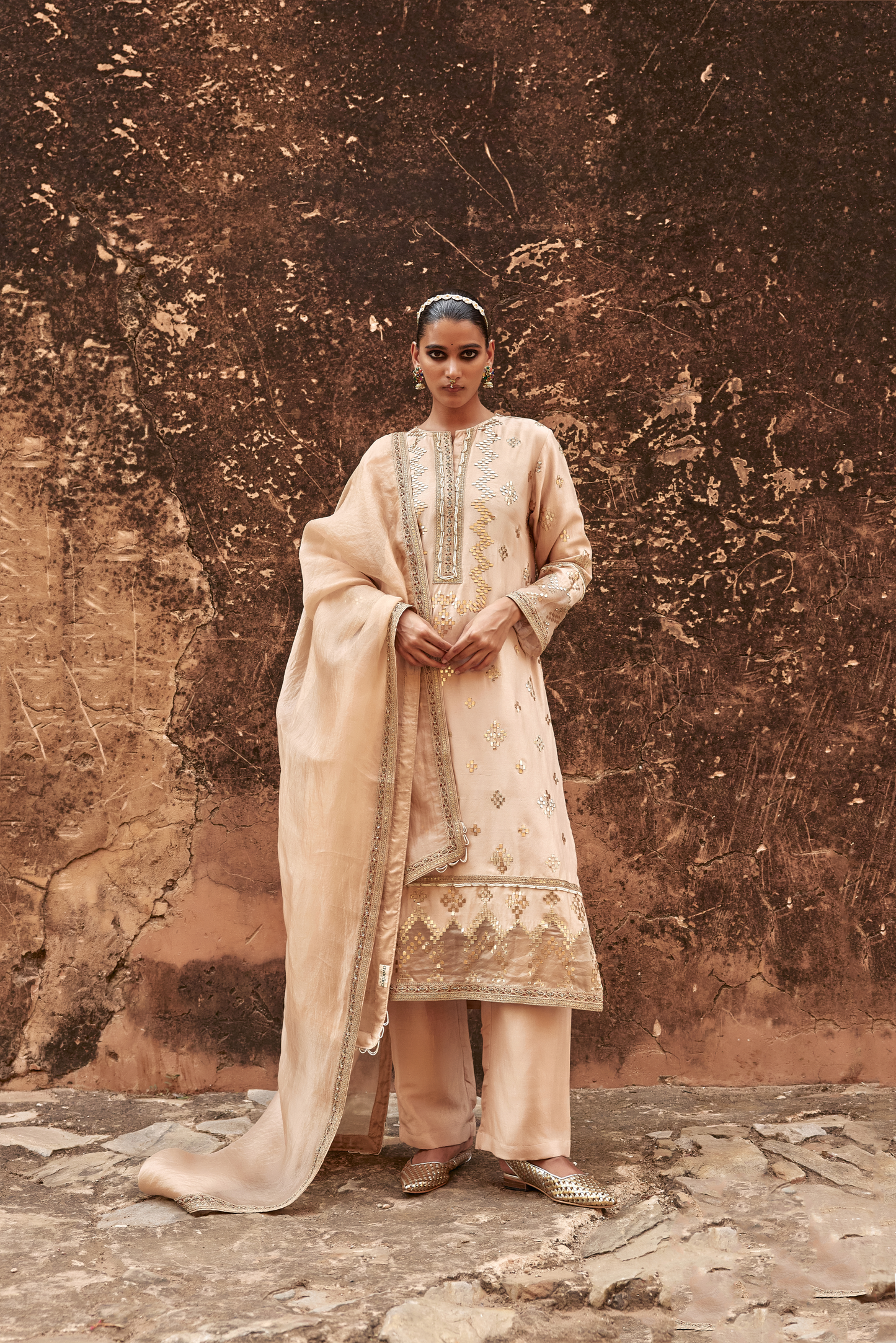 Chanderi Copper Geometric Gota Kurta Set