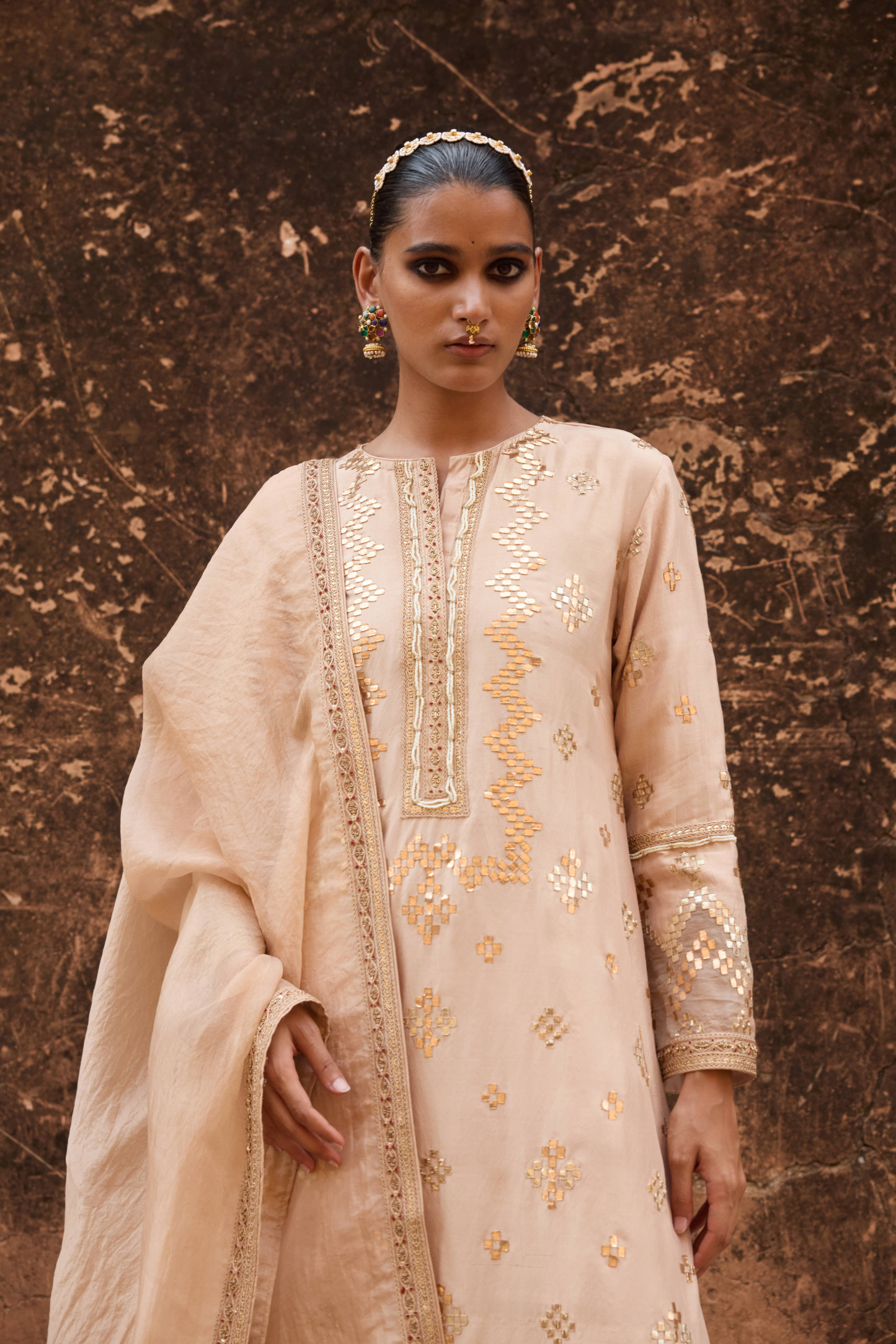 Chanderi Copper Geometric Gota Kurta Set