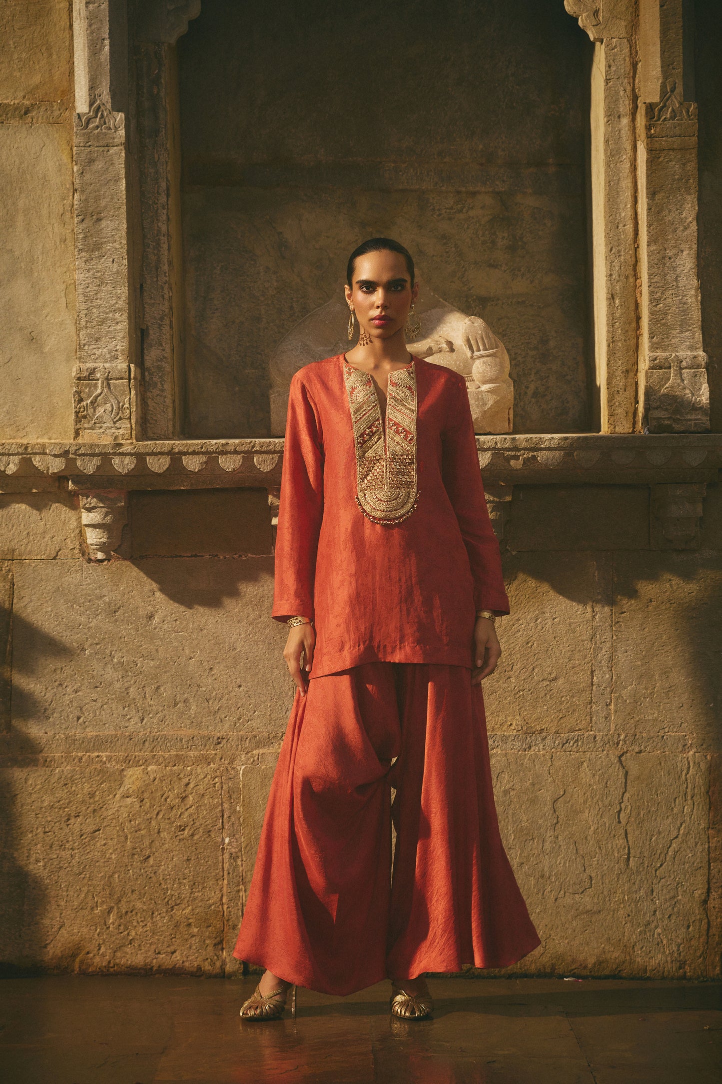 Red Printed Dhoti Set