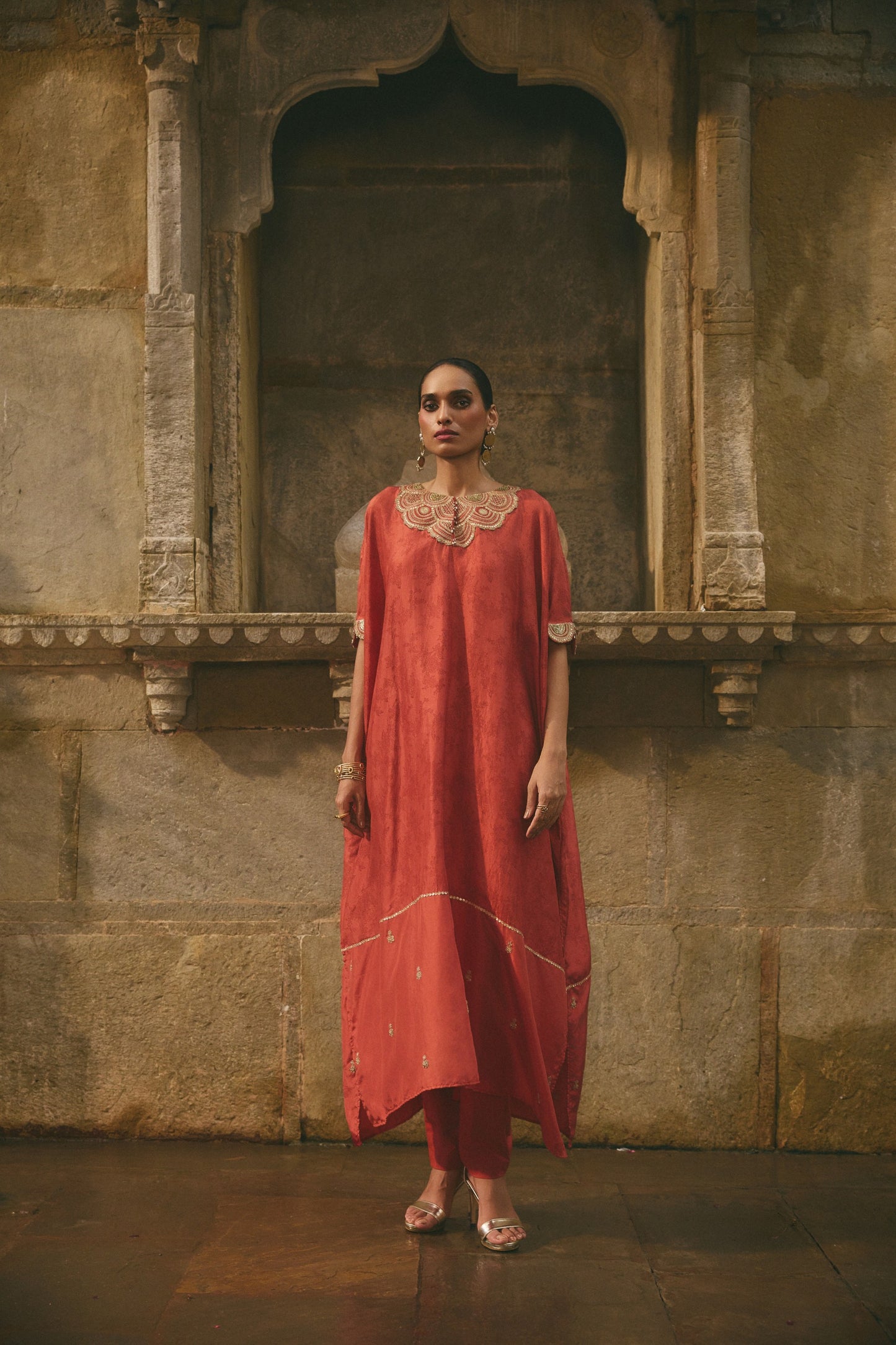 Rust Printed Kaftan Set