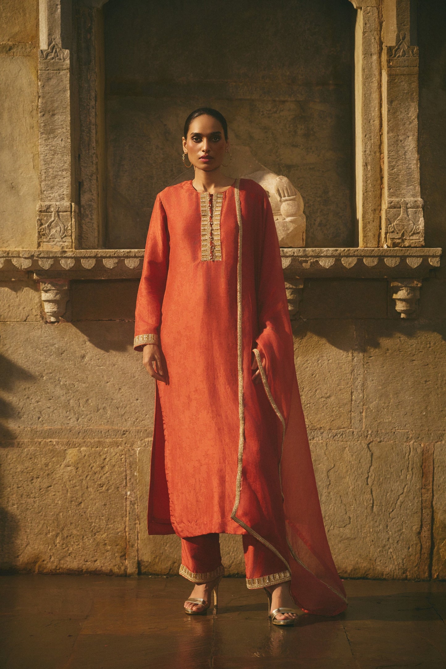 Silk Red Printed Kurta Set