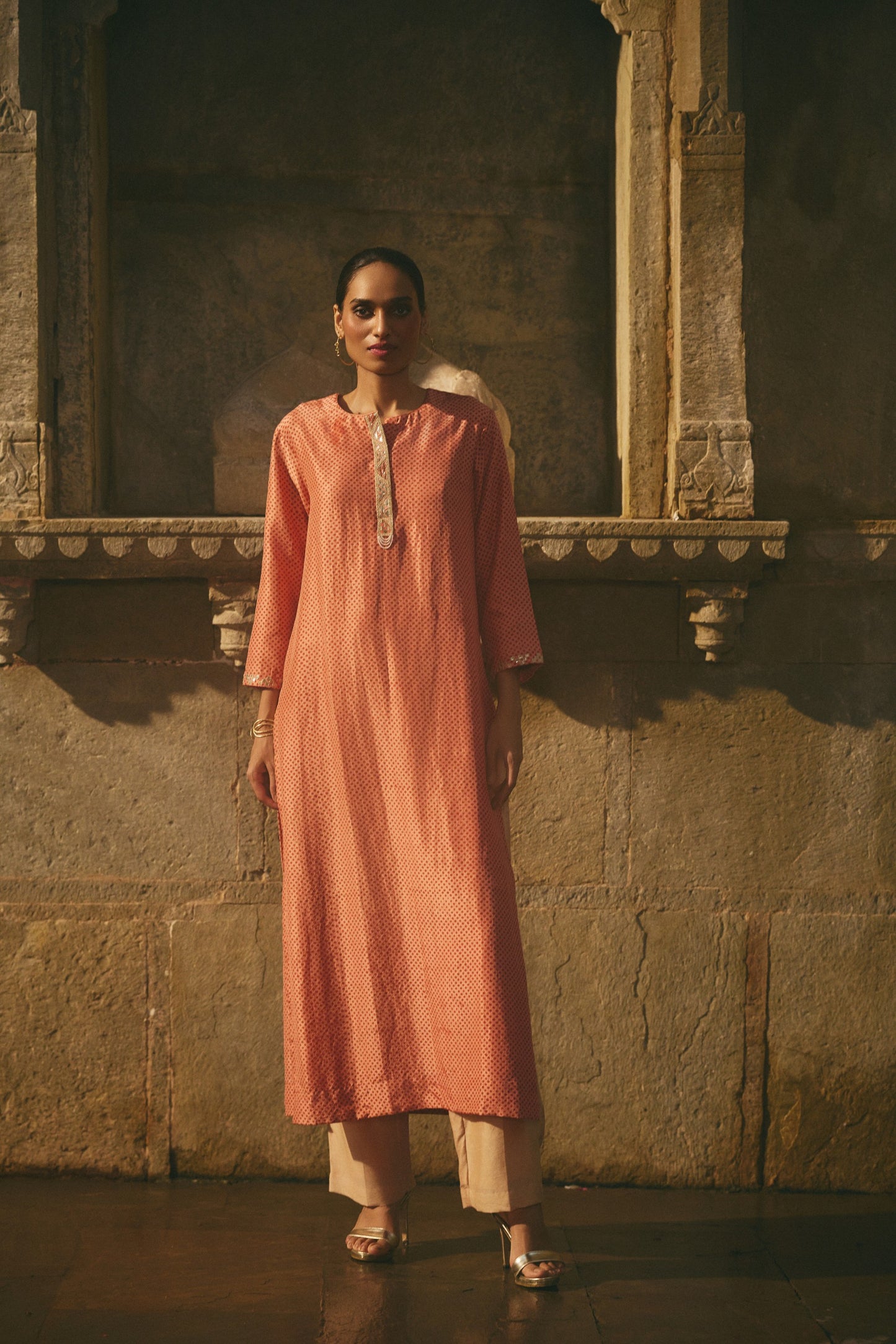 Pink Printed Silk Kurta