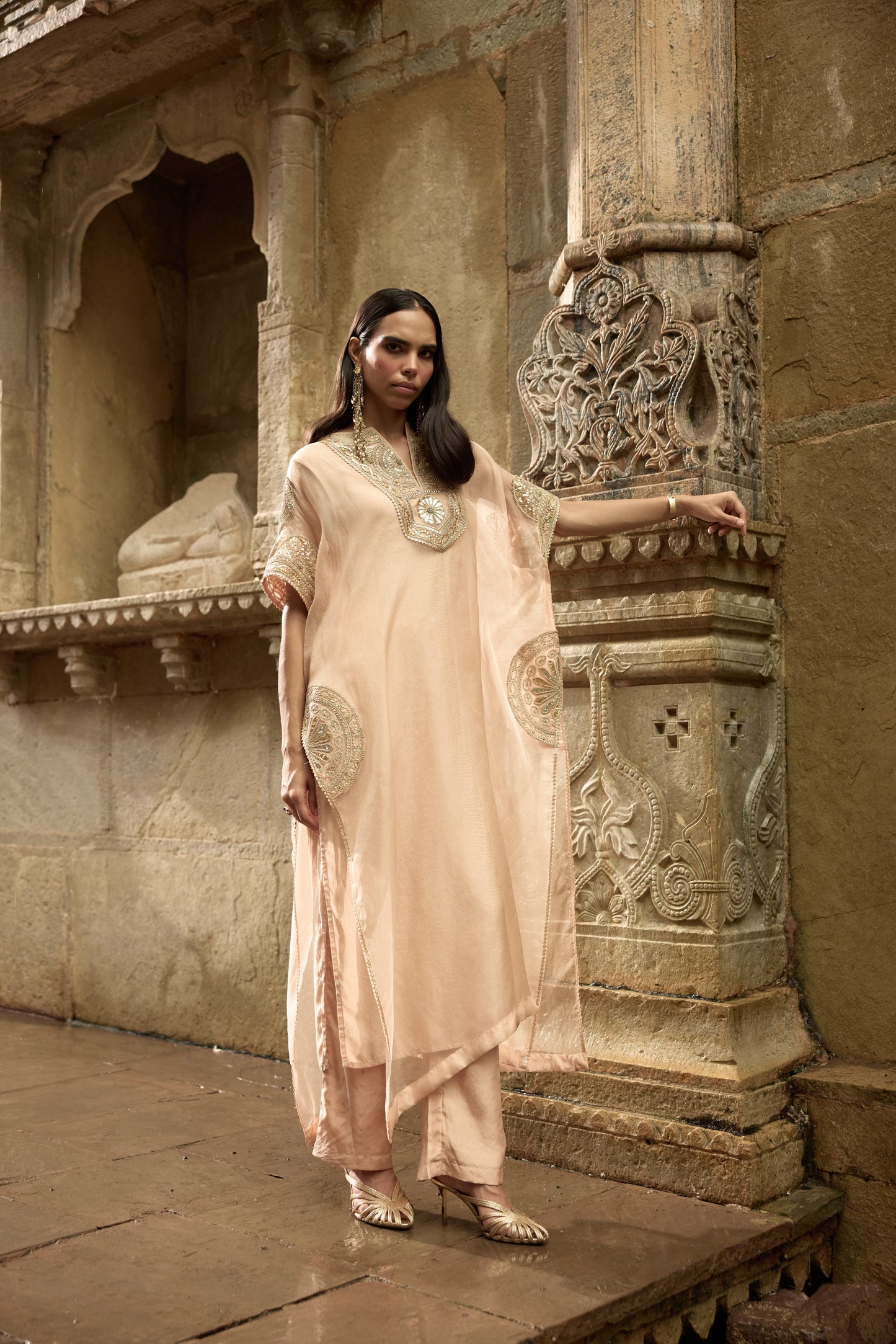 Beige Organza Kaftan Set