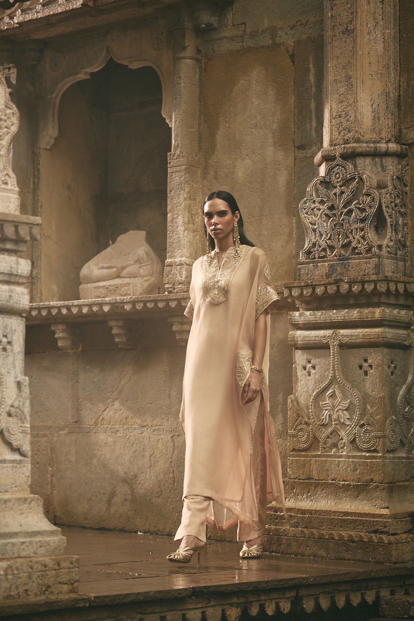 Beige Organza Kaftan Set