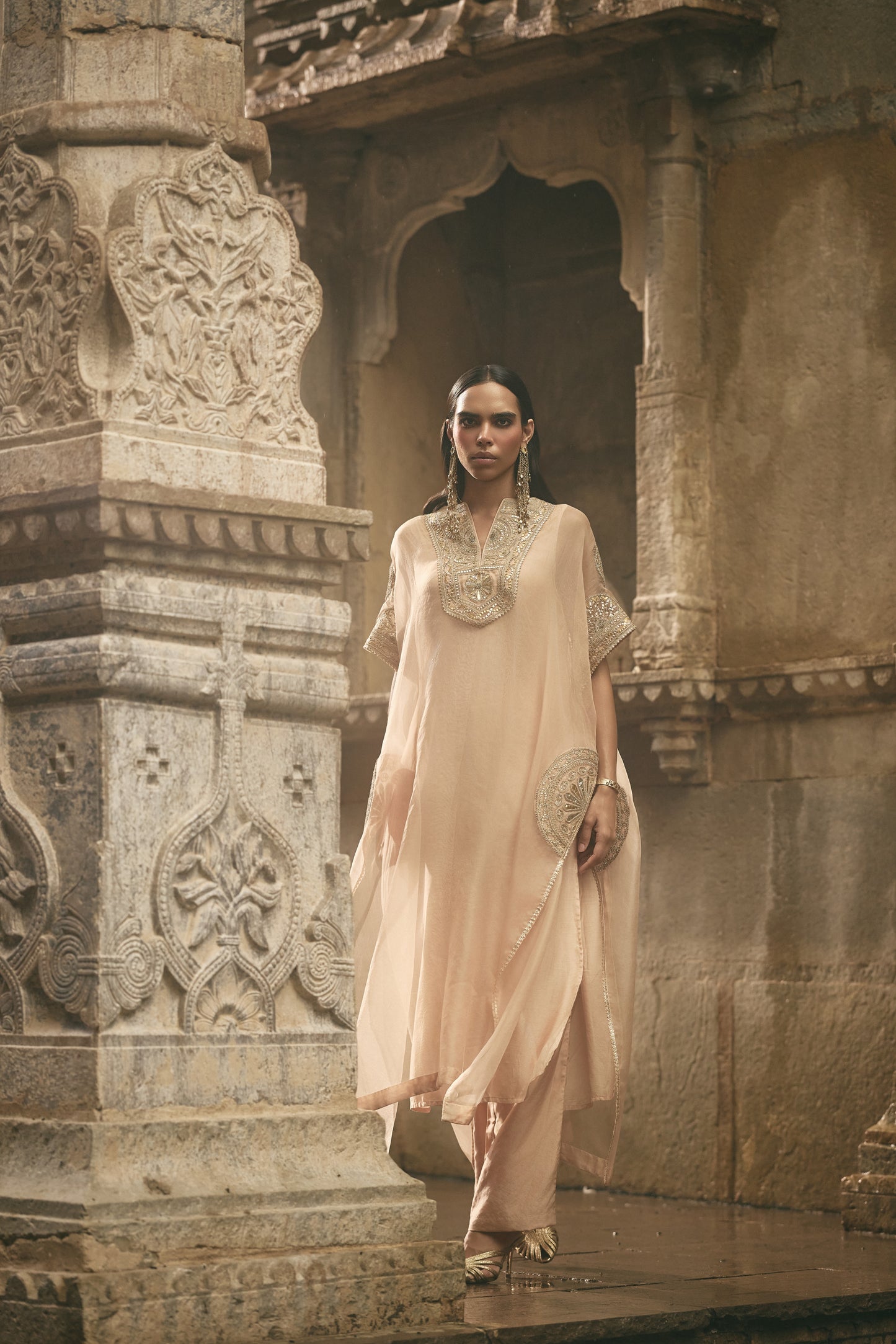 Beige Organza Kaftan Set