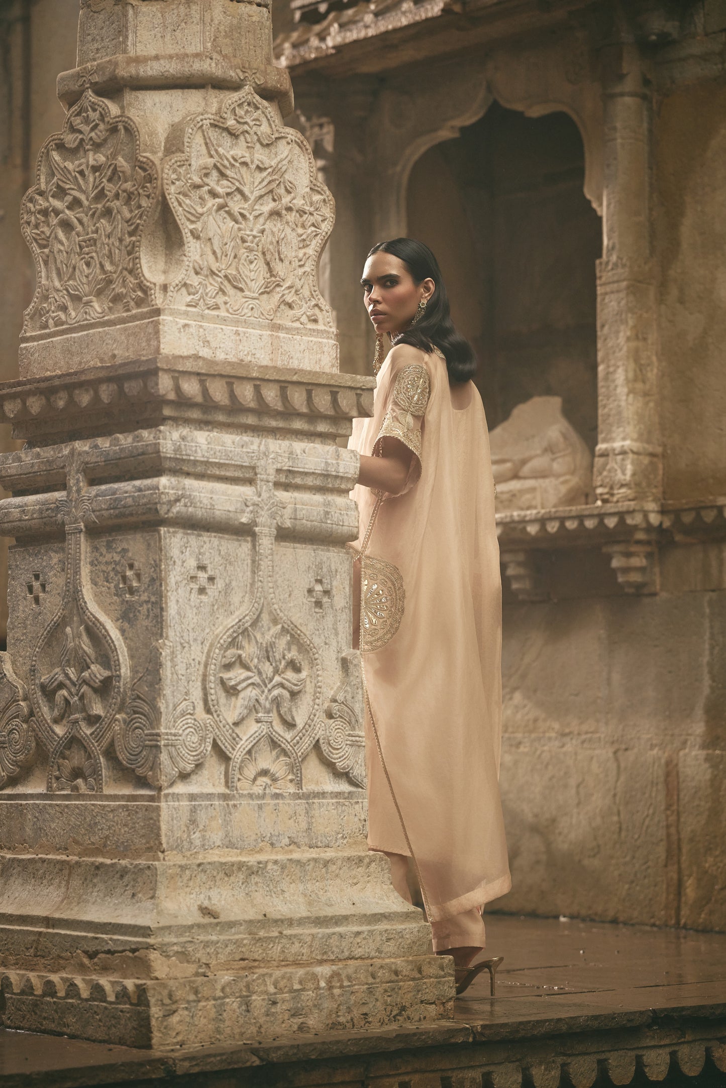 Beige Organza Kaftan Set