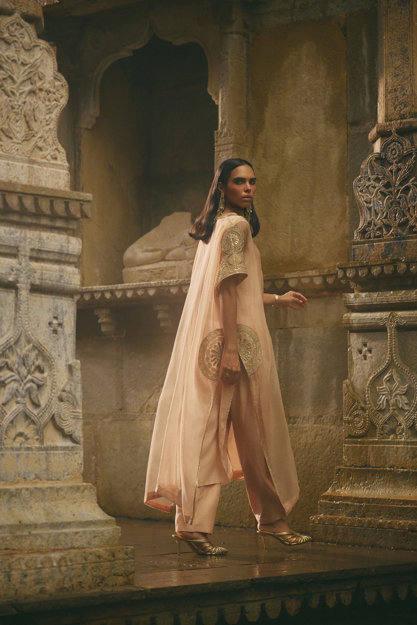 Beige Organza Kaftan Set