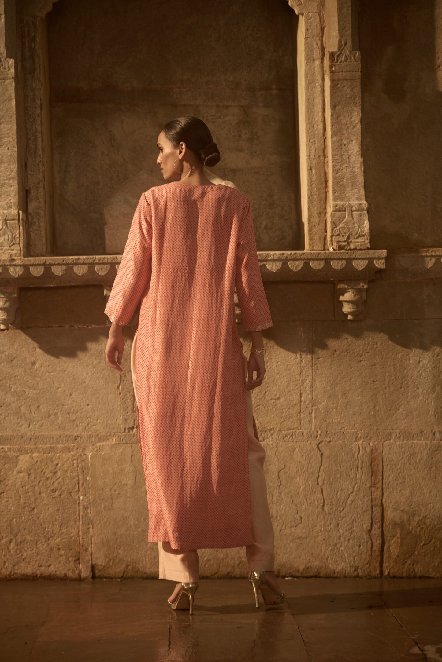 Pink Printed Silk Kurta