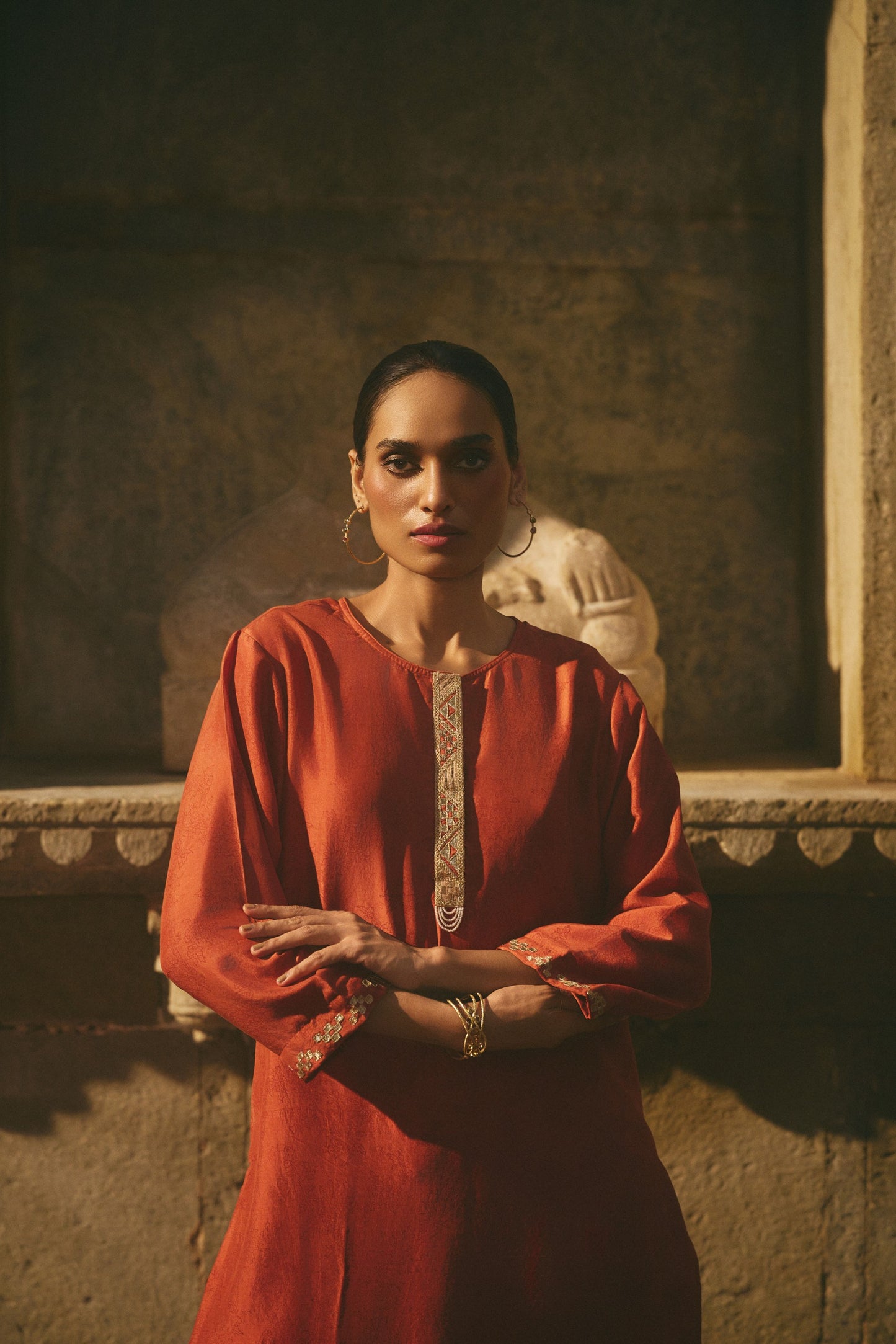 Red Printed Silk Kurta