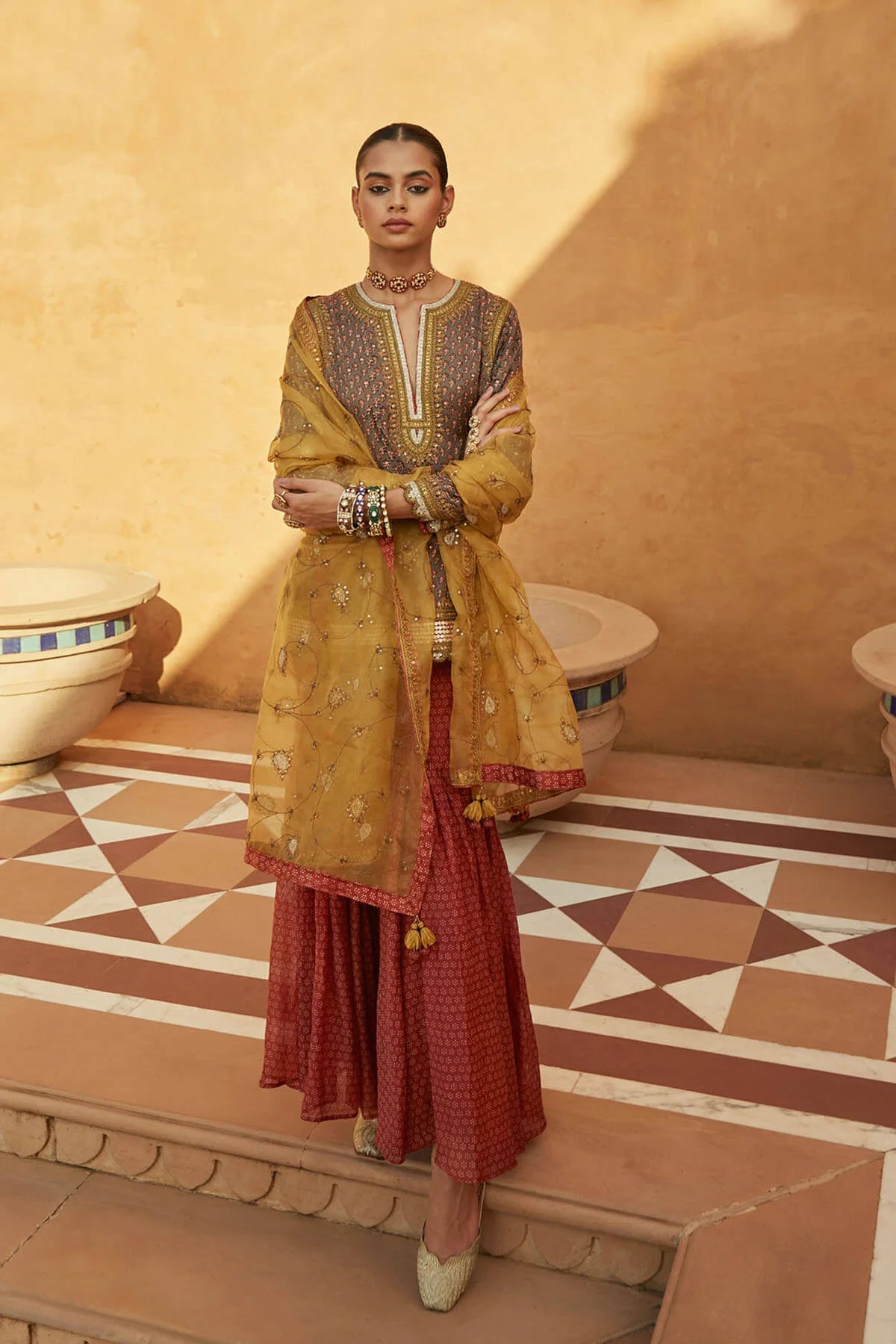 Grey Leheriya Kurta Sharara Set