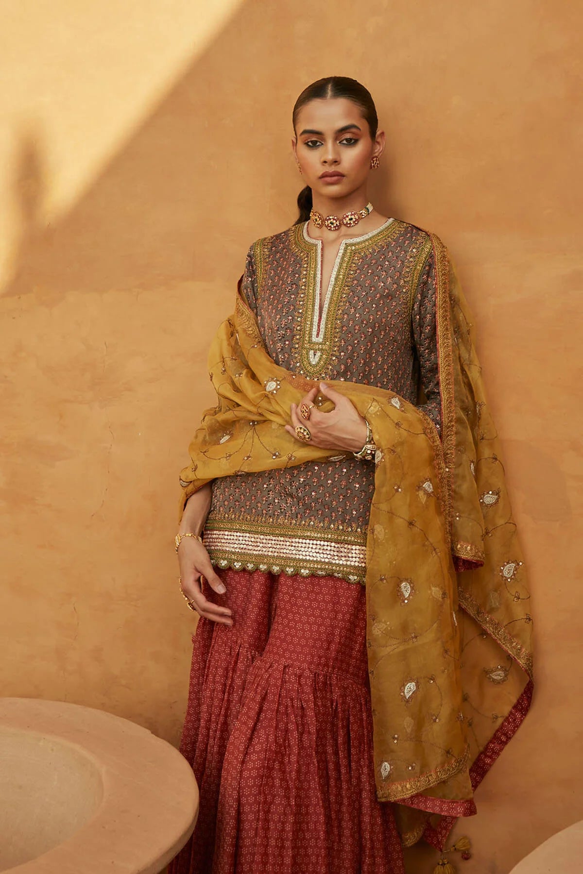 Grey Leheriya Kurta Sharara Set