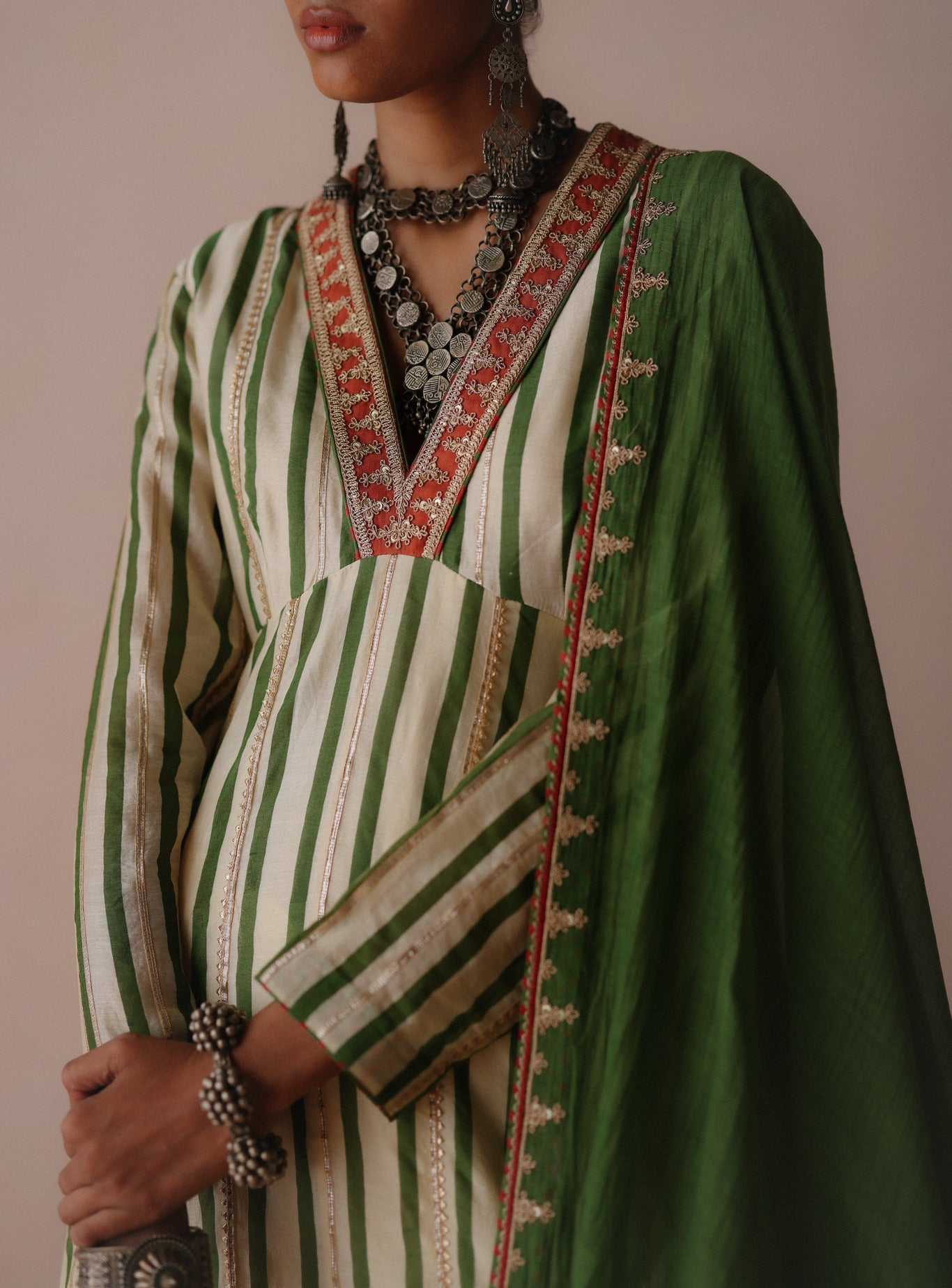 Green Stripe Anarkali Set