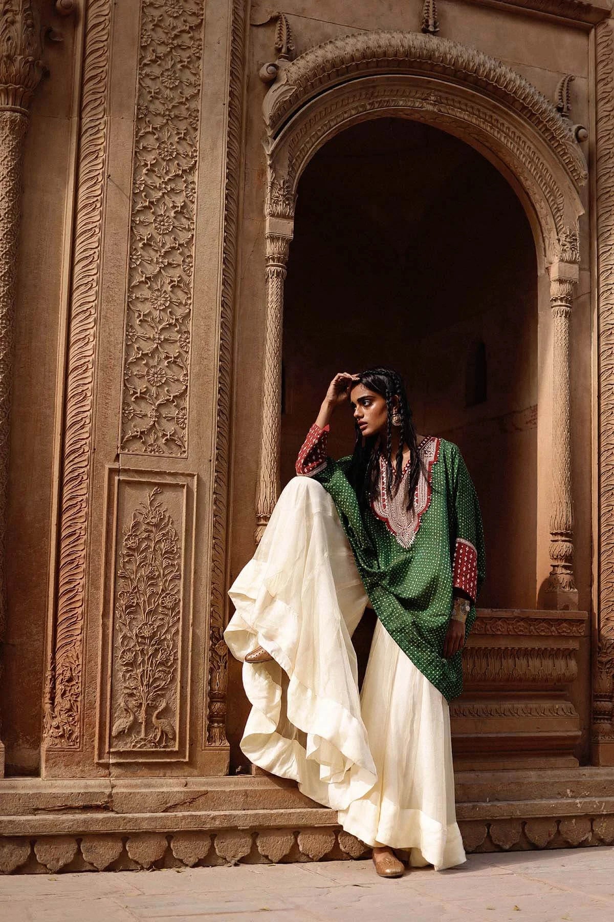 Green Kaftan And Sharara Set