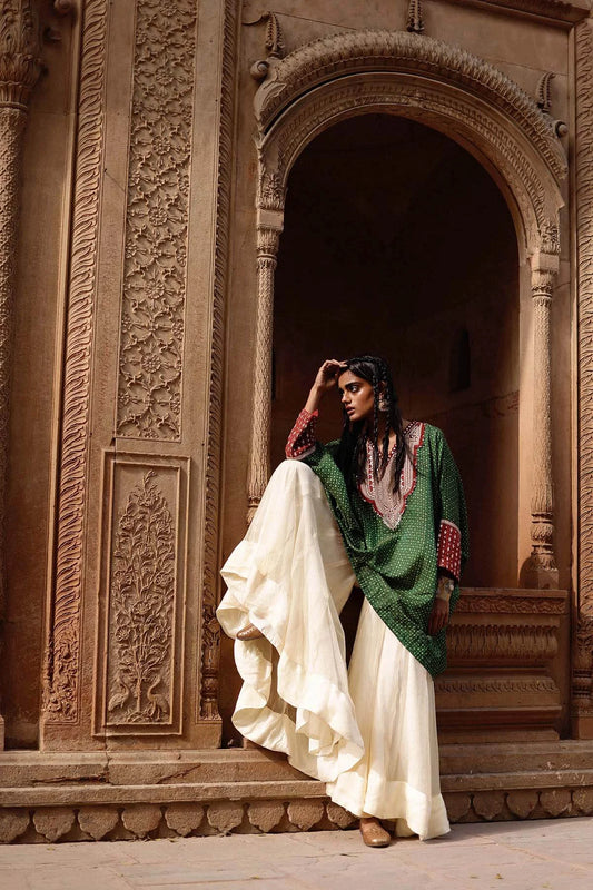 Green Kaftan And Sharara Set
