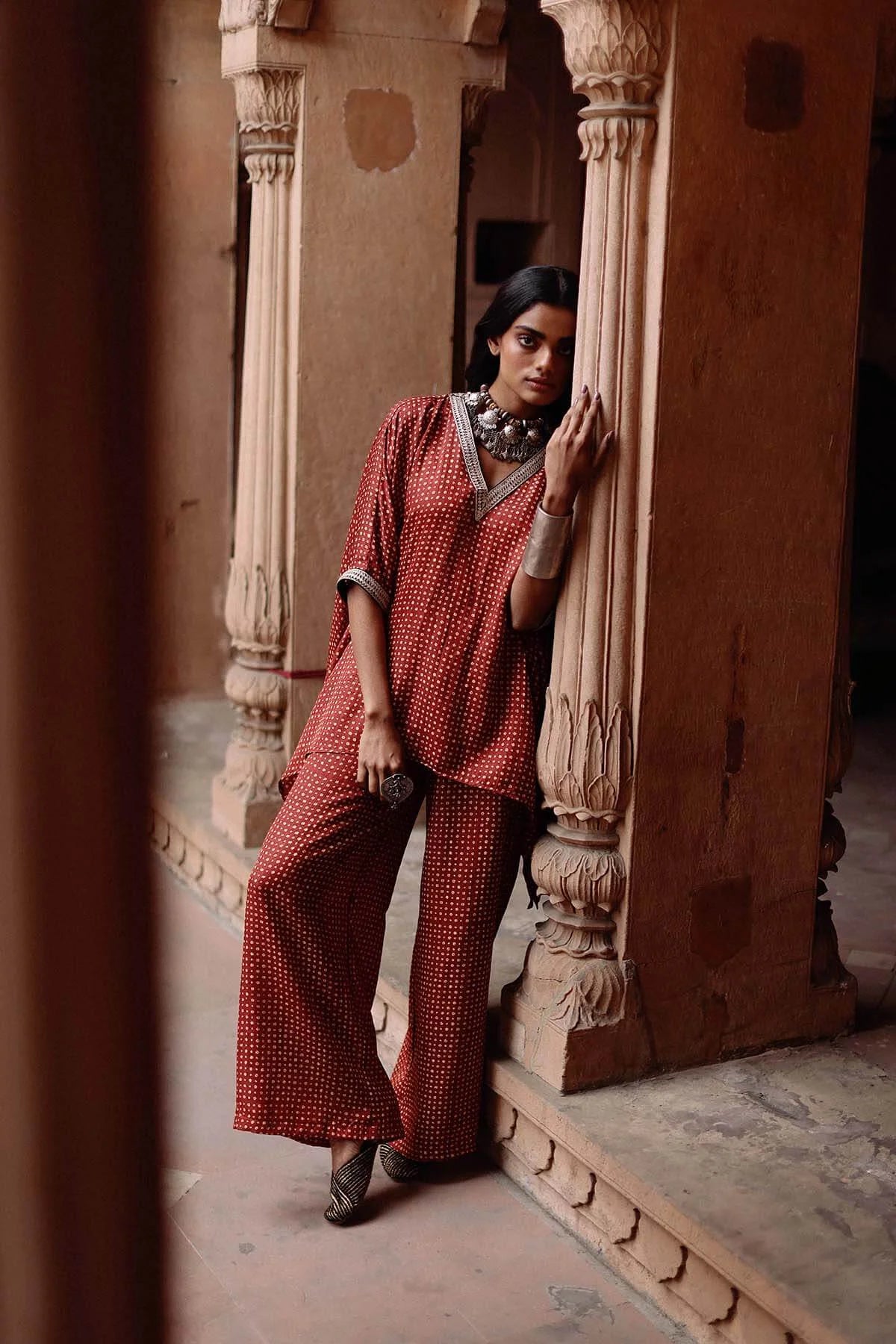 Maroon Printed Short Kaftan Set