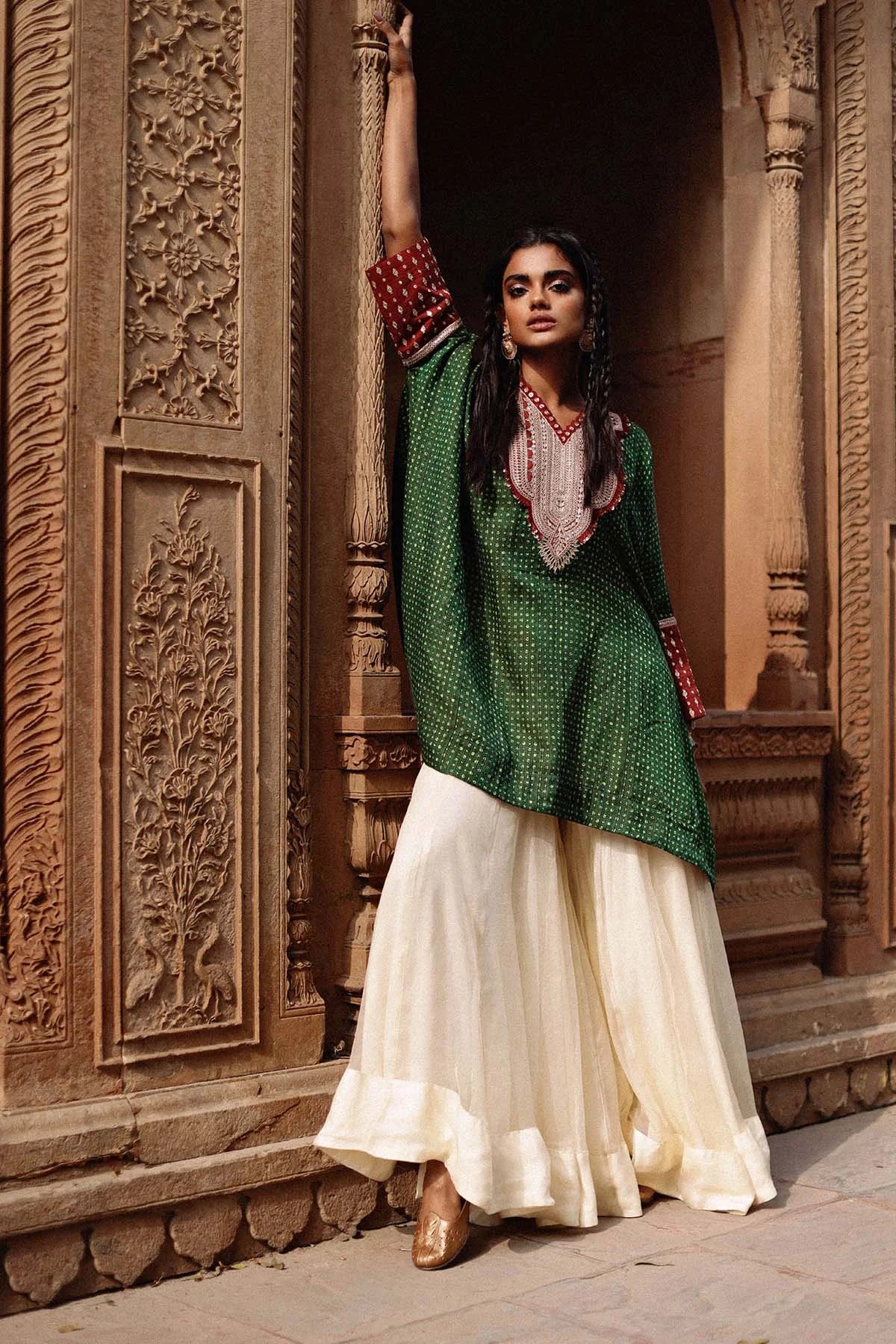 Green Kaftan And Sharara Set