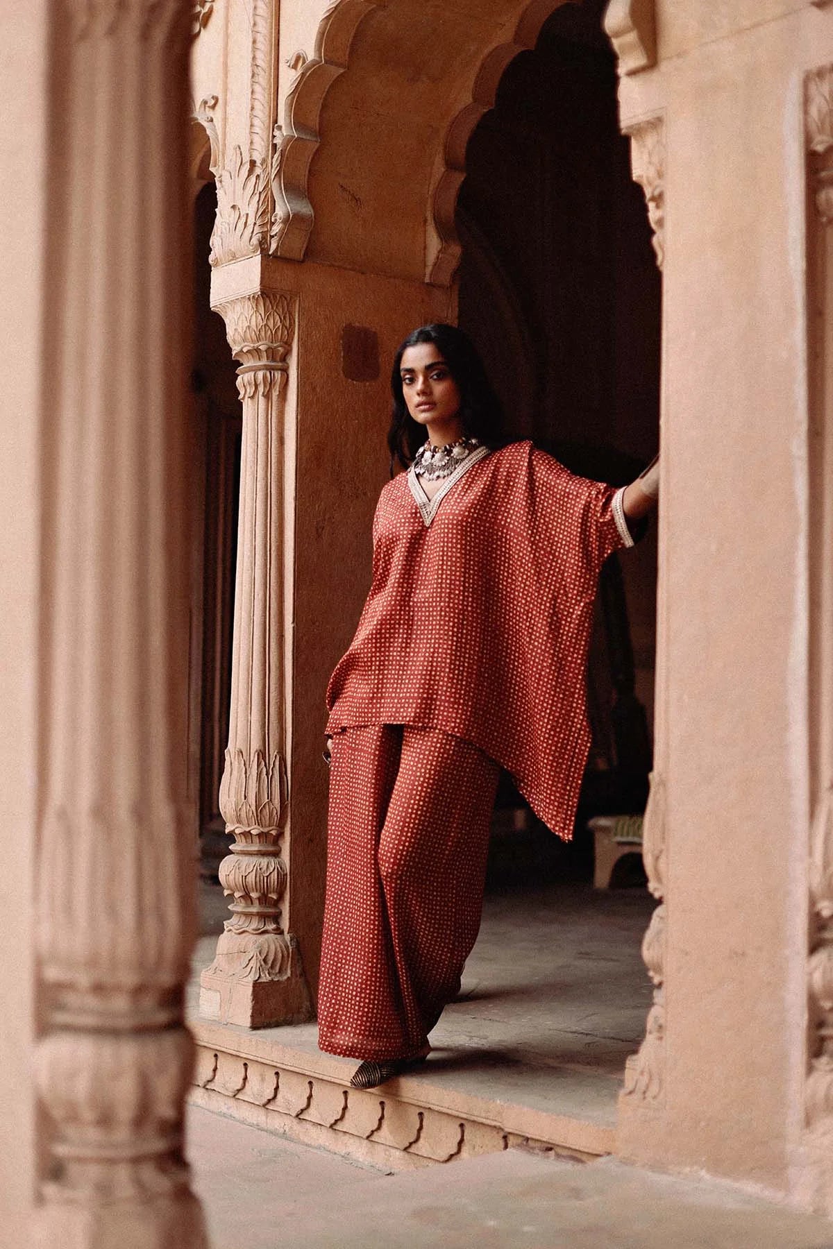 Maroon Printed Short Kaftan Set