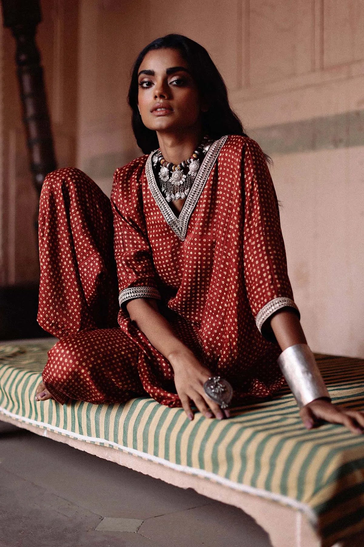 Maroon Printed Short Kaftan Set