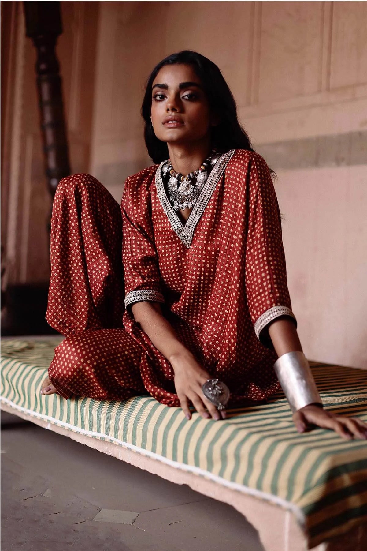 Maroon Printed Short Kaftan Set