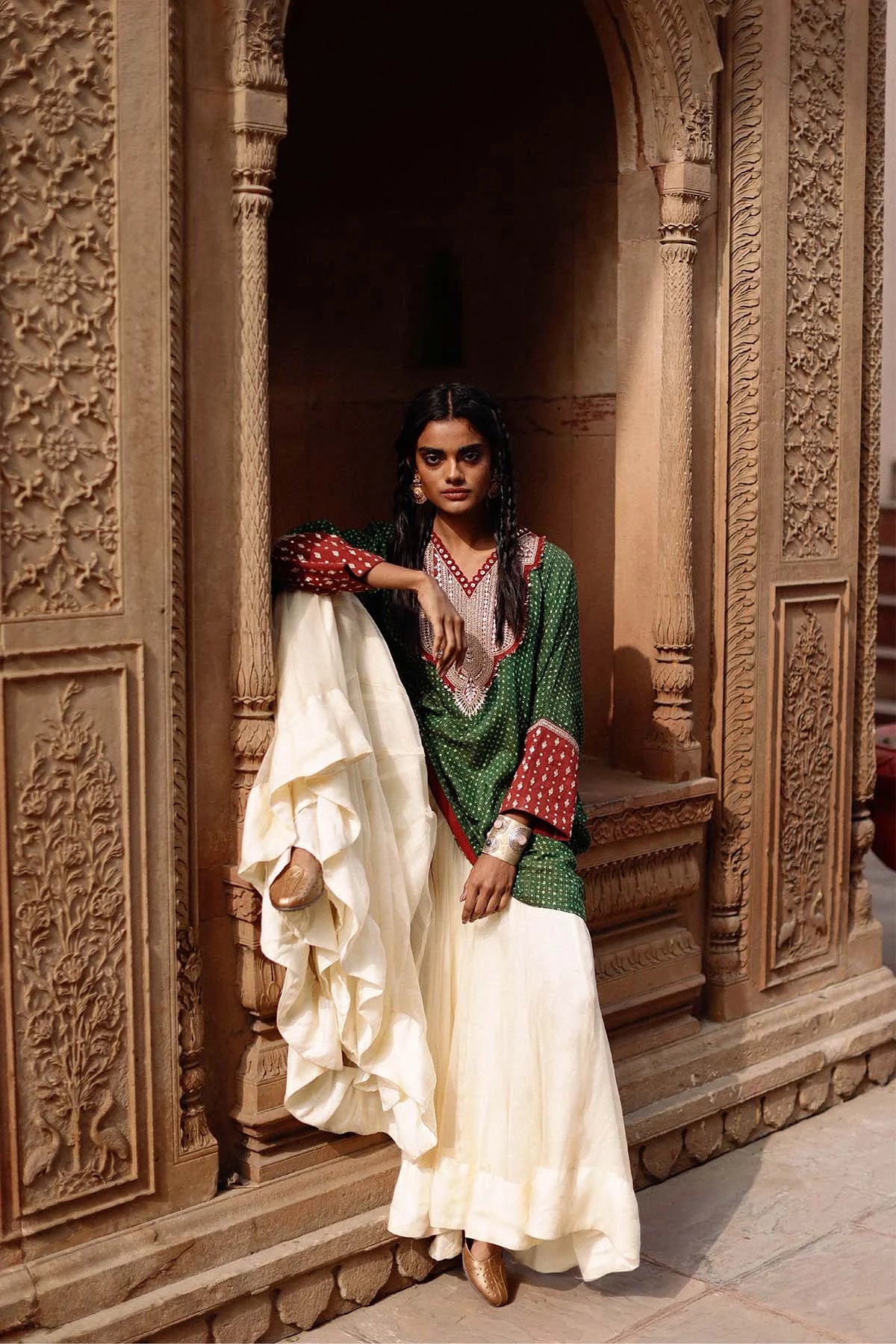 Green Kaftan And Sharara Set