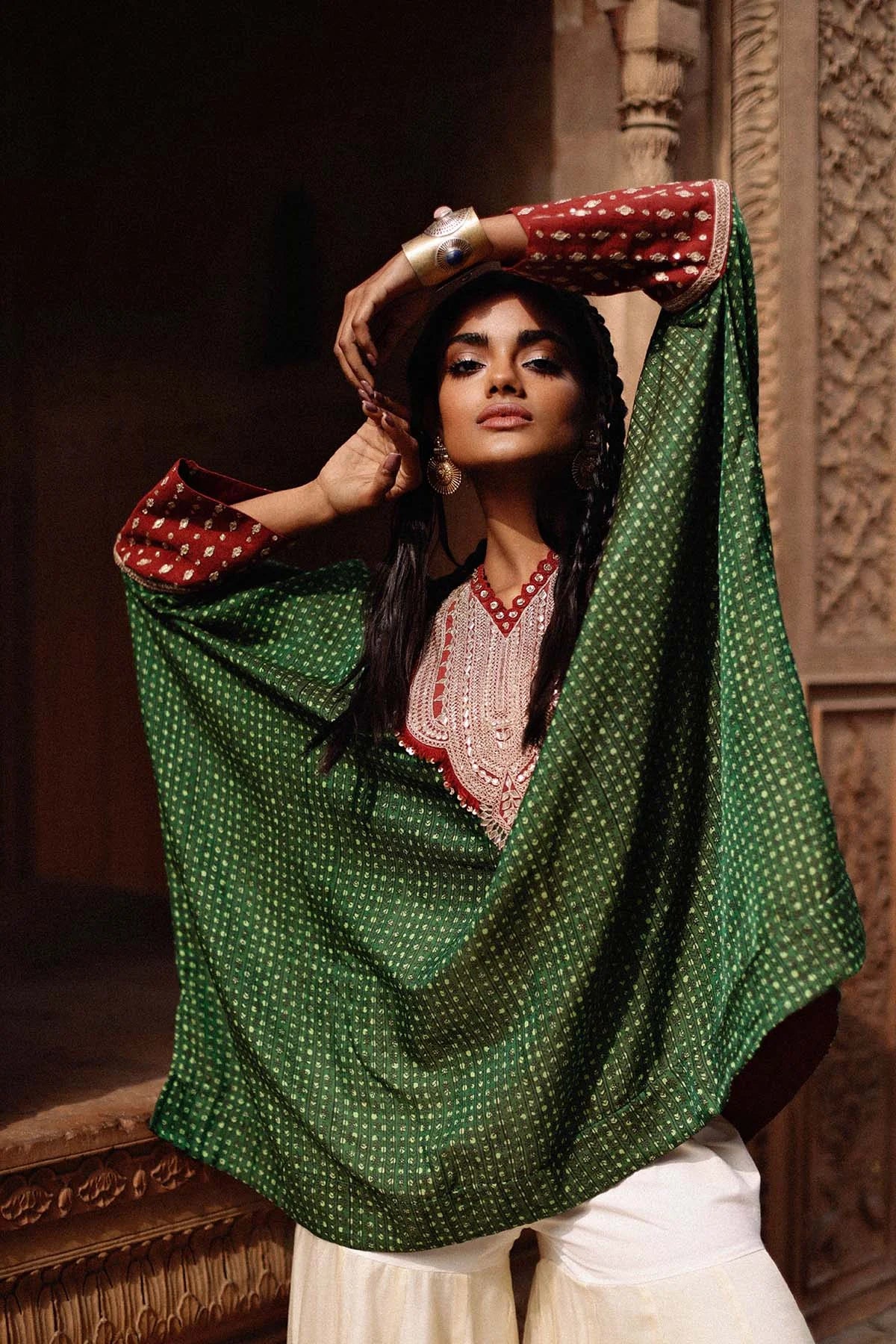 Green Kaftan And Sharara Set