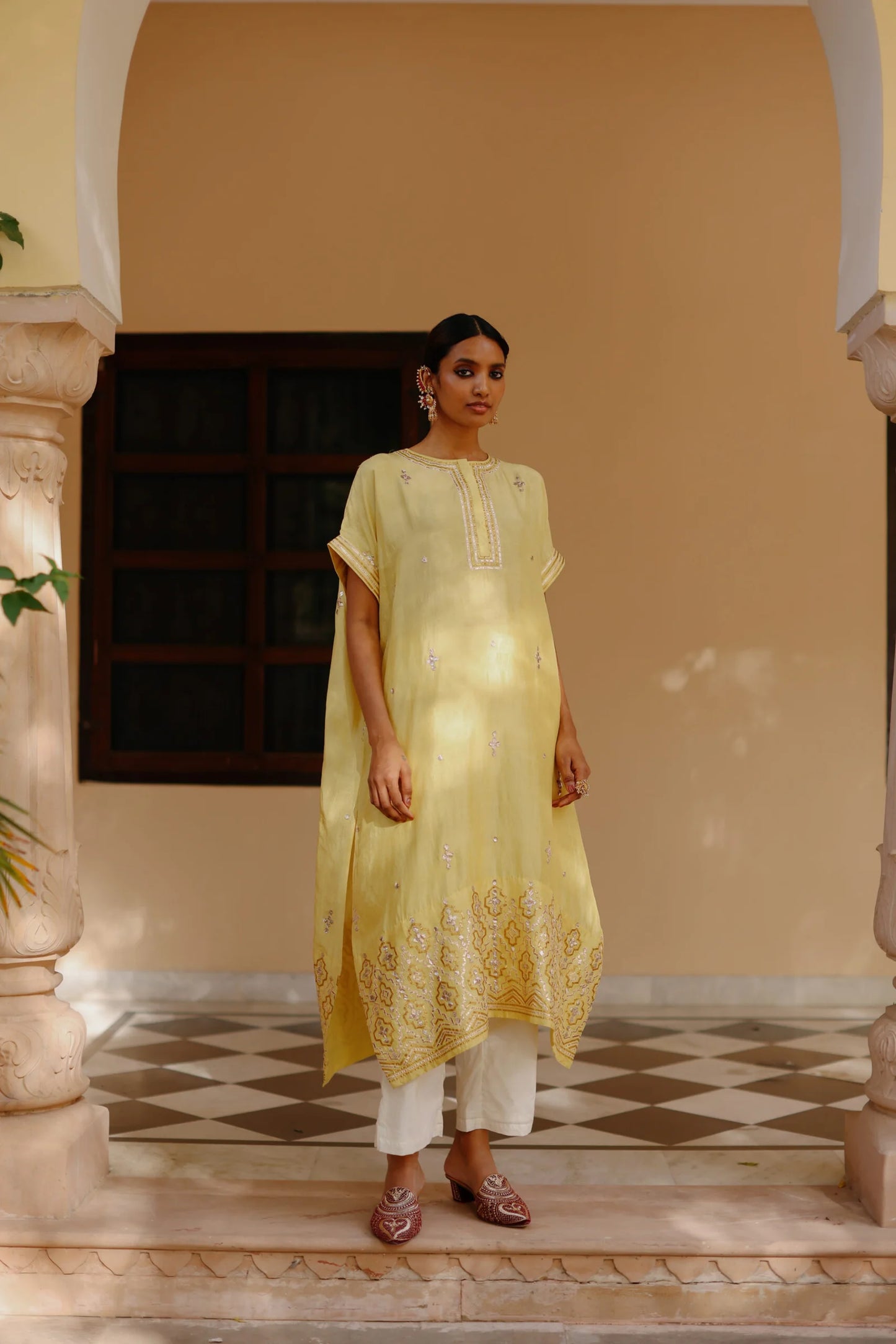 Yellow Embellished Kaftan Set