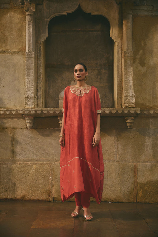 Rust Printed Kaftan Set
