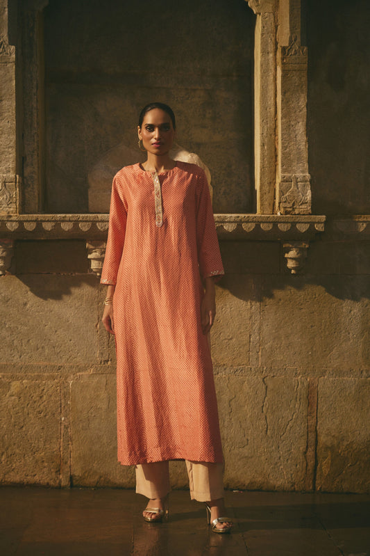 Pink Printed Silk Kurta