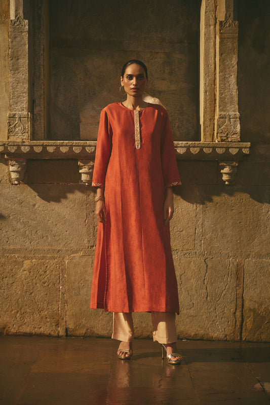 Red Printed Silk Kurta