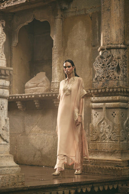 Beige Organza Kaftan Set