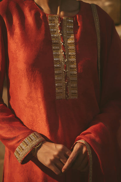 Silk Red Printed Kurta Set