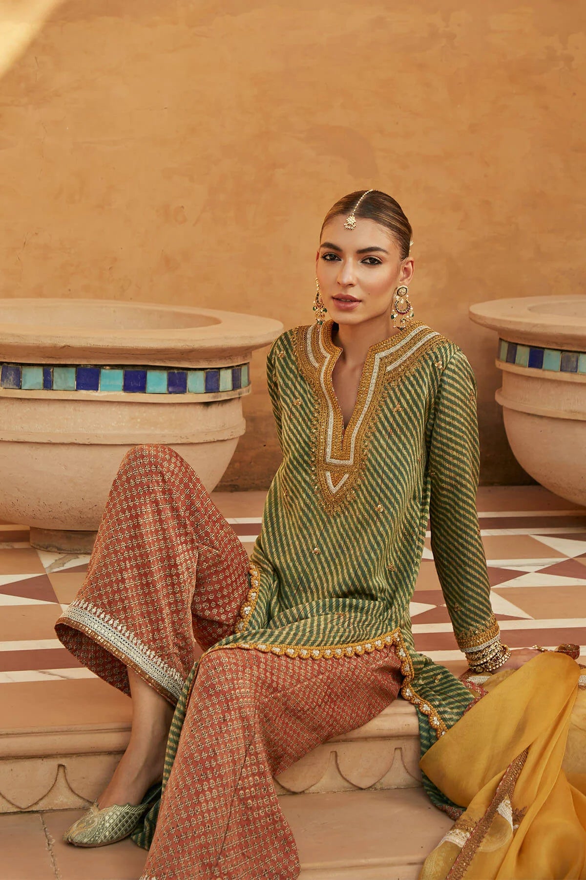 Green Leheriya Kurta Set