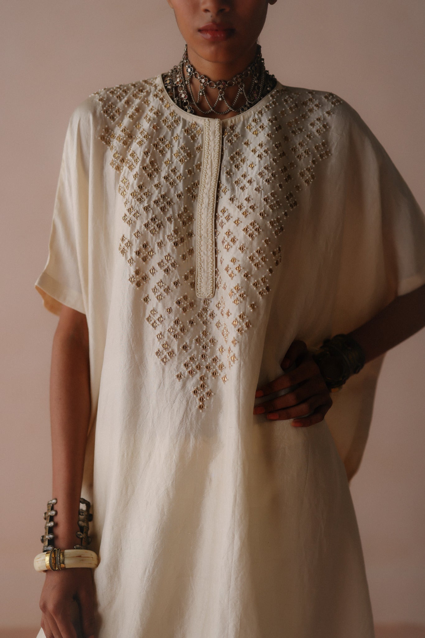 Ivory Silk Kaftan Set