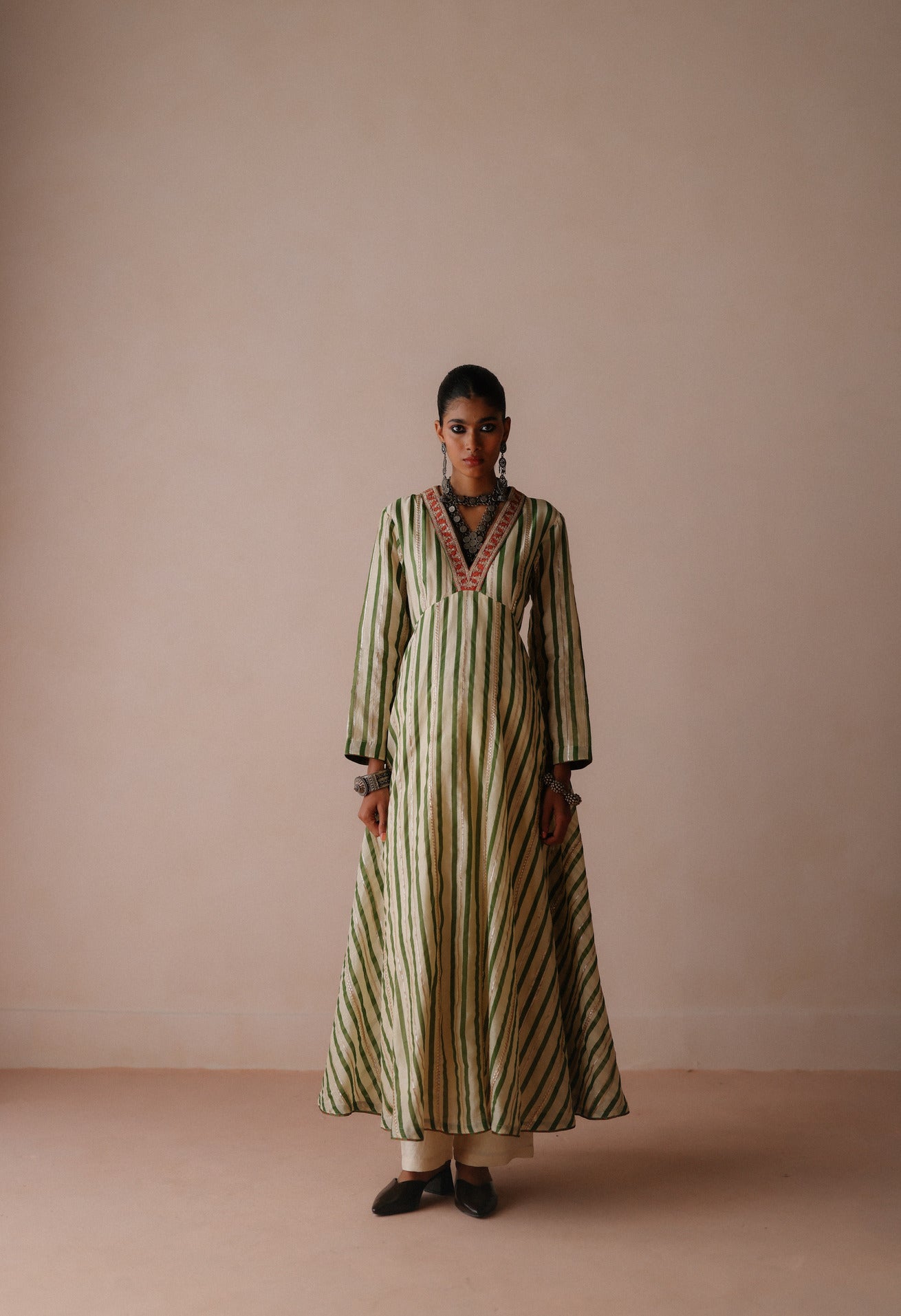 Green Stripe Anarkali Set