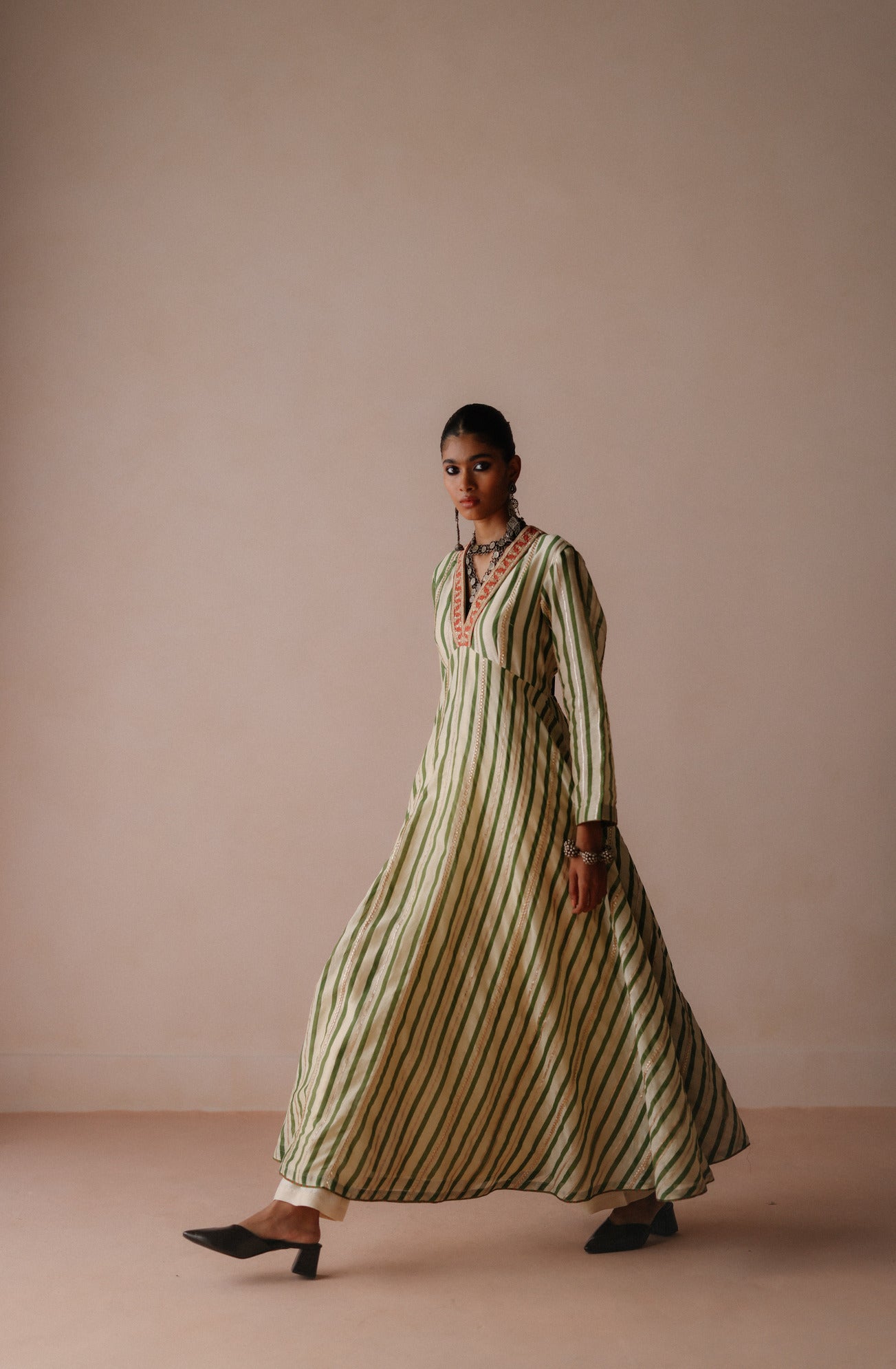 Green Stripe Anarkali Set