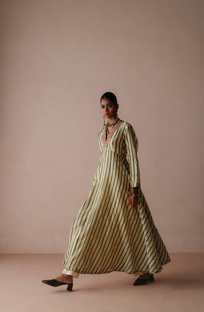 Green Stripe Anarkali Set