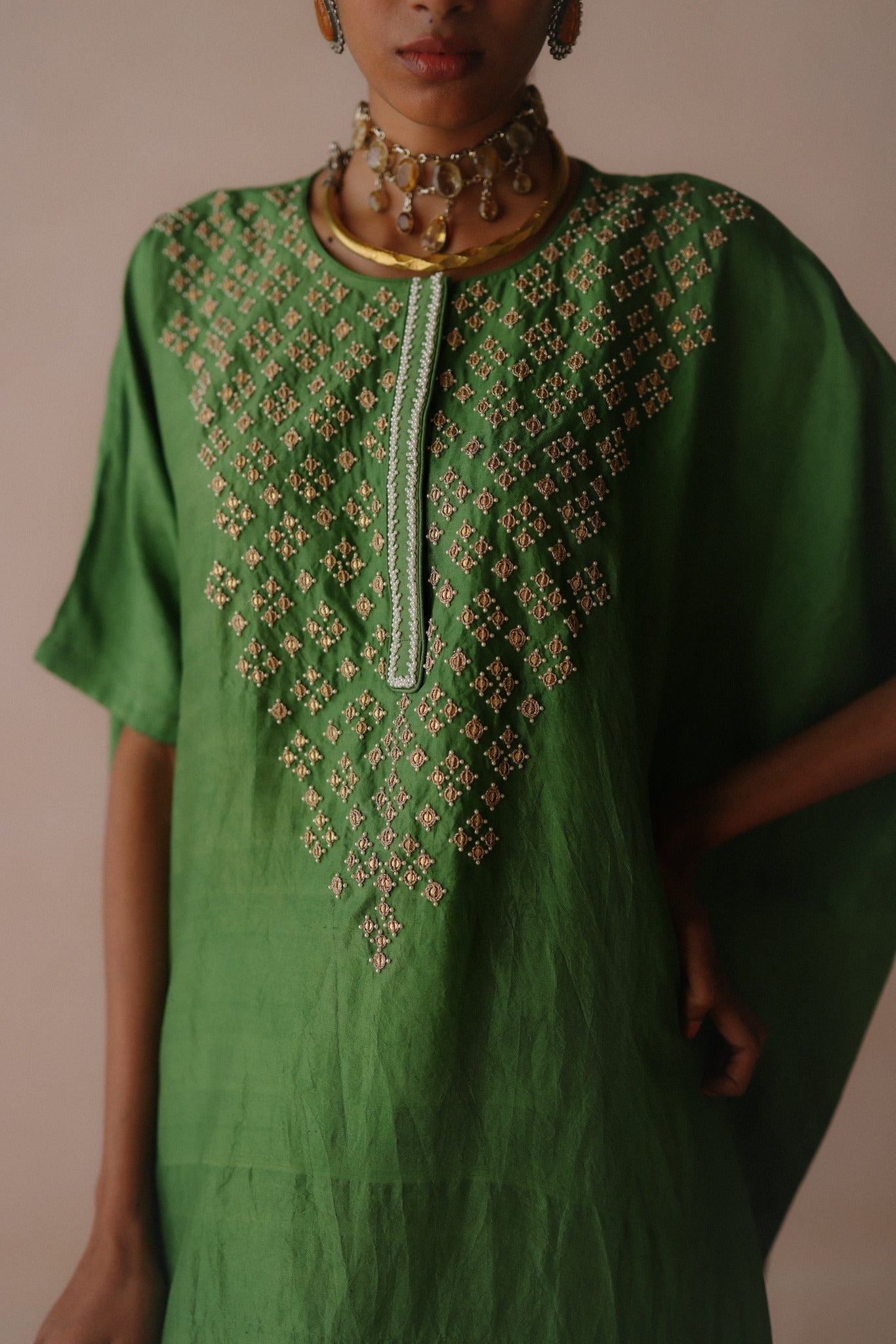 Green Silk Kaftan Set