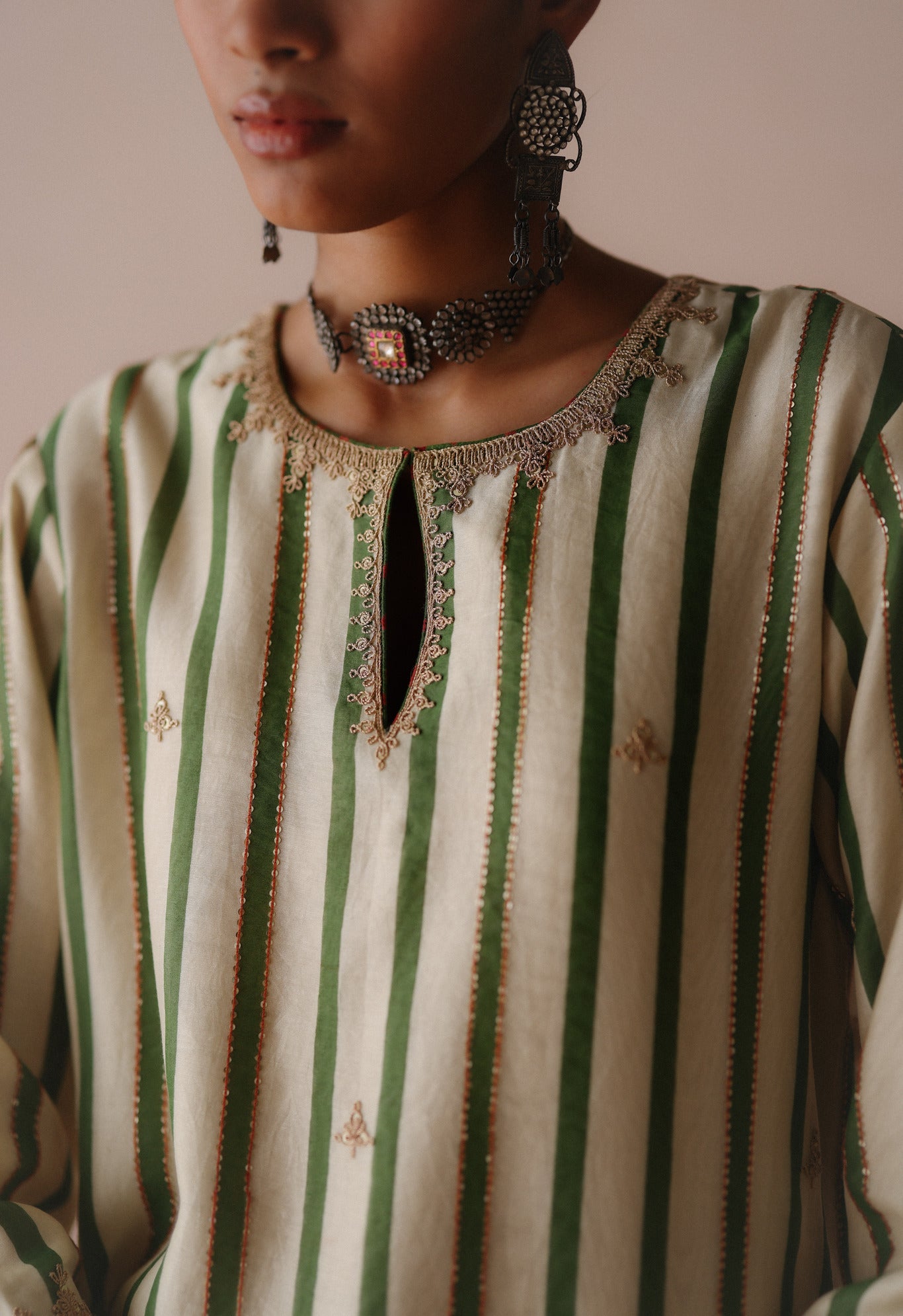 Green Stripe Kurta Set