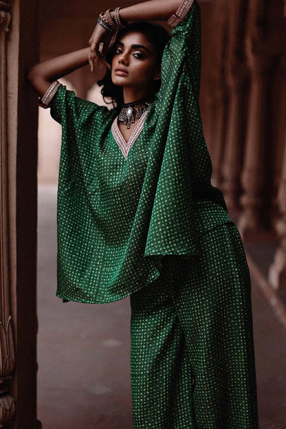 Green Printed Short Kaftan Set