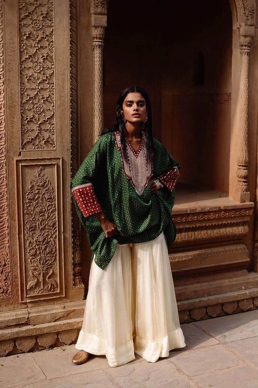 Green Kaftan And Sharara Set