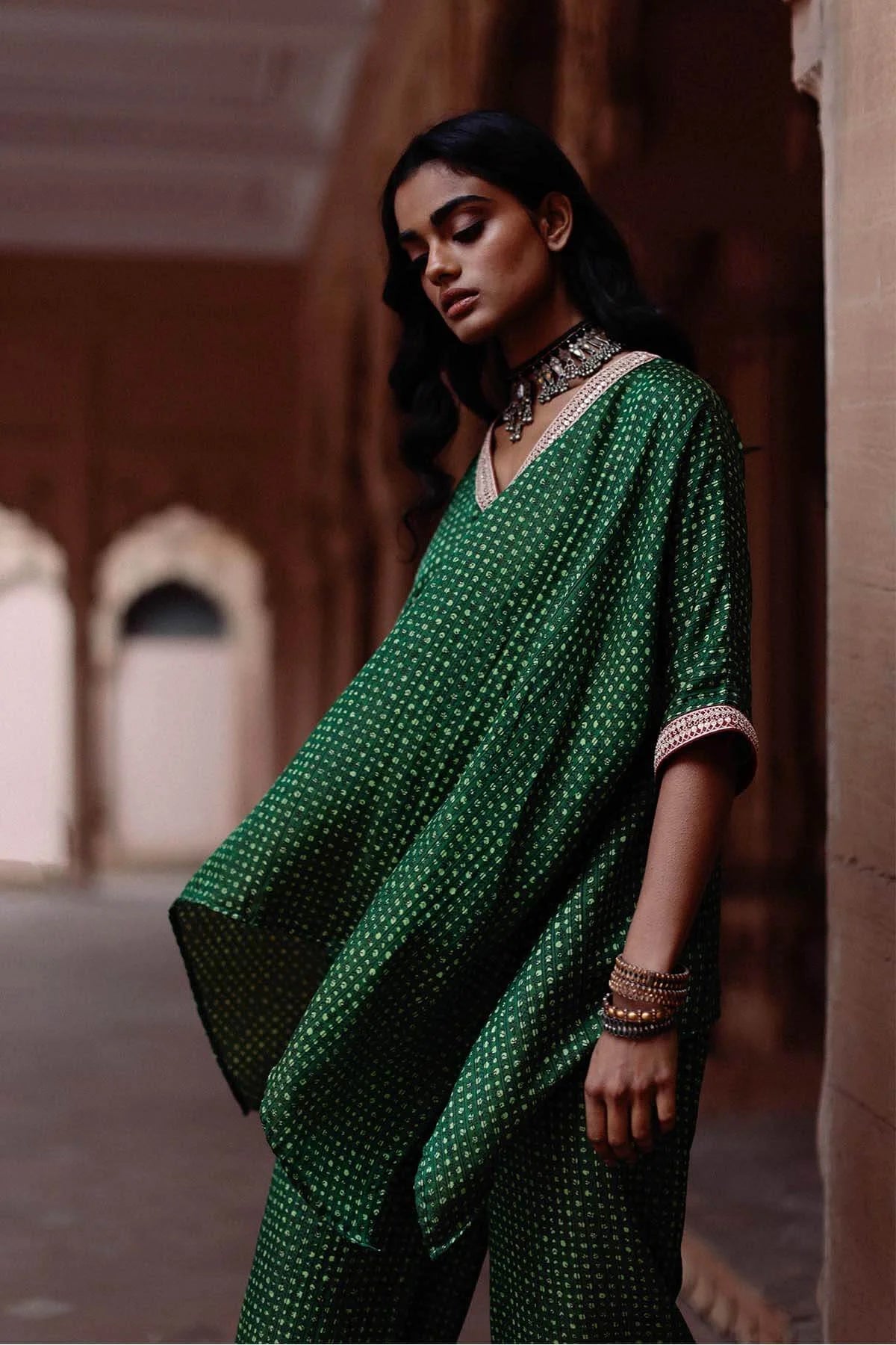 Green Printed Short Kaftan Set